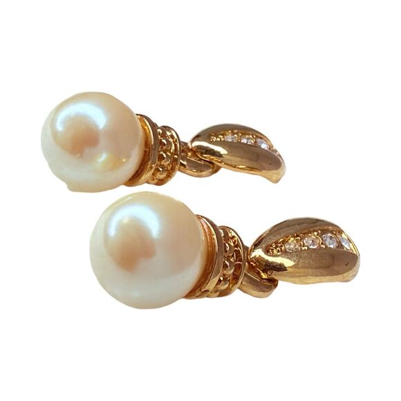 Vintage Gold-Tone White Pearl Door Knocker Dangle Earrings 1" Rhinestones - Picture 7 of 11